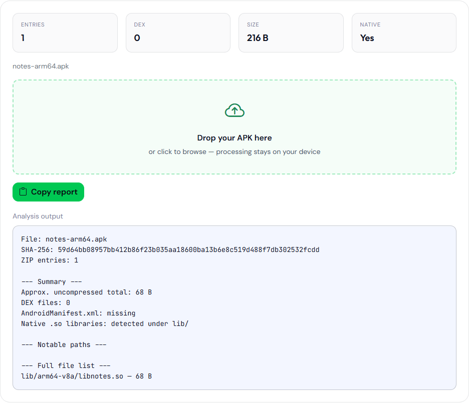 APK Analyzer report for notes-arm64.apk. Native libraries detected. The manifest is missing. The file list shows lib/arm64-v8a/libnotes.so.