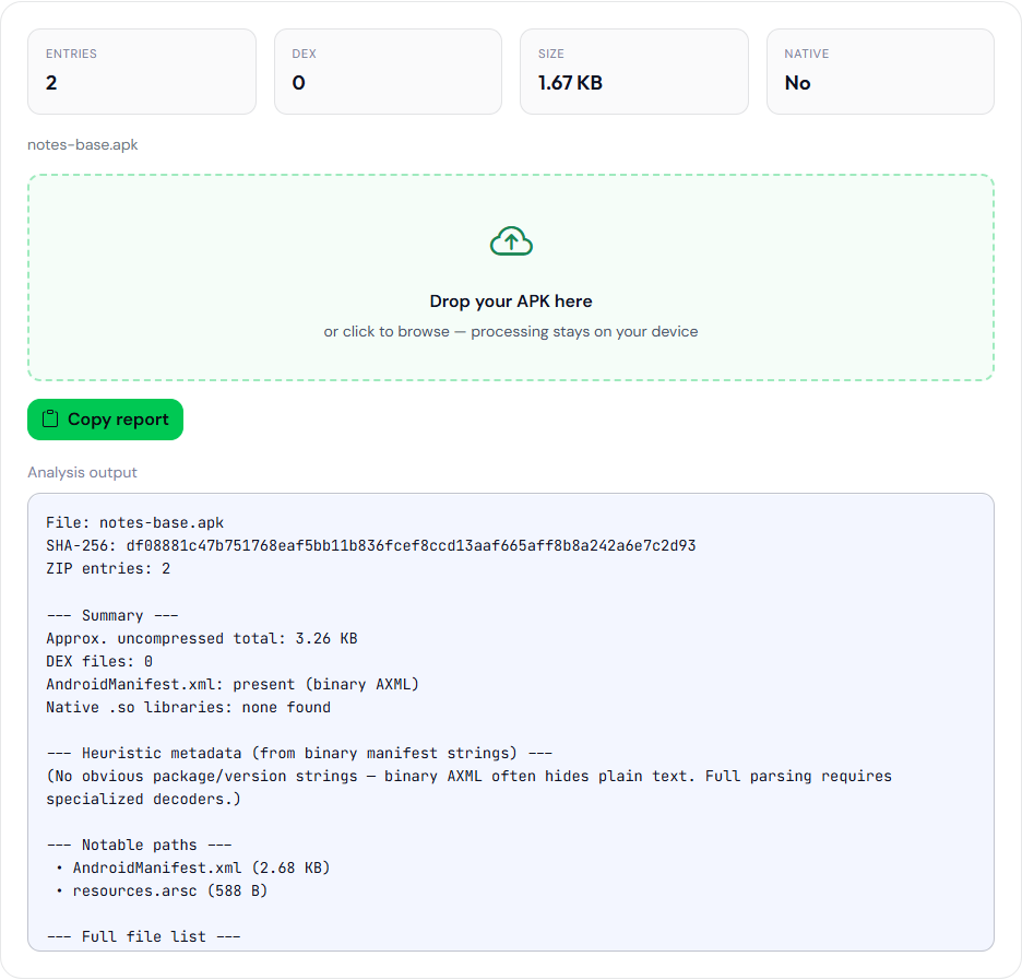 APK Analyzer report for notes-base.apk. SHA-256 starts df08881c. The manifest is present as binary AXML. The heuristic says no obvious package or version strings. Notable paths are AndroidManifest.xml and resources.arsc.