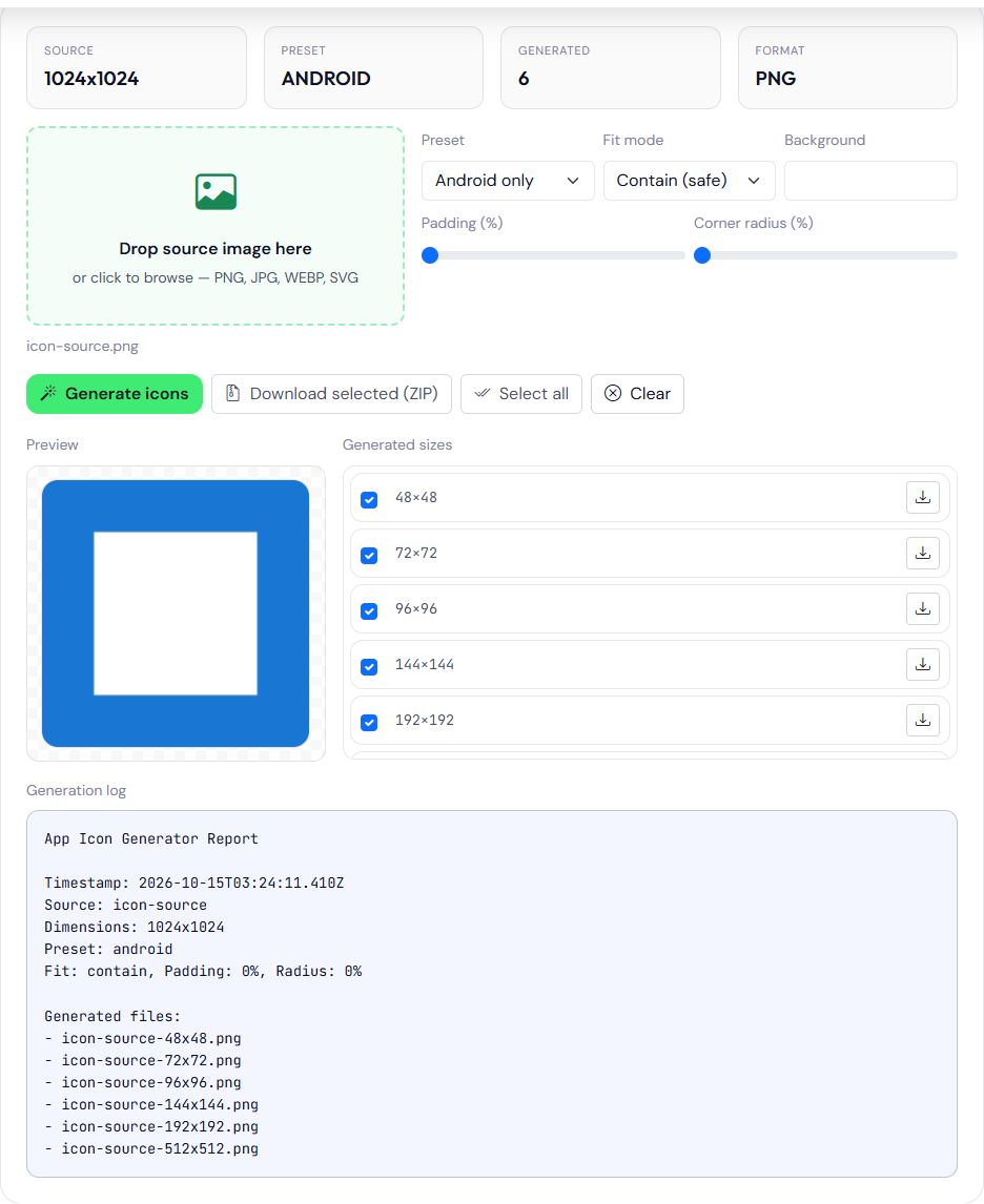App Icon Generator with a 1024 pixel source, Android preset, padding 0 percent, and a preview of a blue square with a white center. The log lists six PNG filenames from 48 through 512.