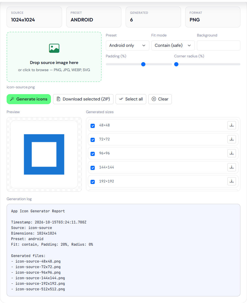 The same icon generator after padding is set to 20 percent. The white center mark is smaller inside the blue square. The log lists the same six filenames.