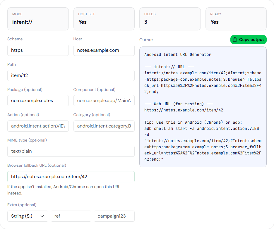 Intent URL Generator output for host notes.example.com, path item/42, scheme https, package com.example.notes, and a browser fallback URL.