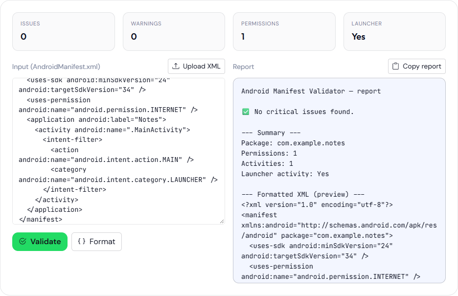 Manifest Validator report with zero issues for a sample whose launcher activity omits android:exported.
