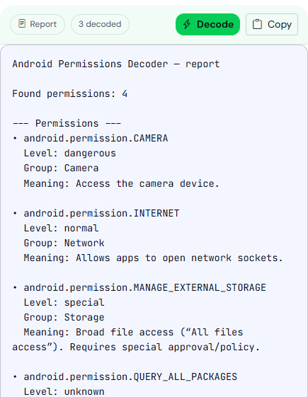 Permissions Decoder report. CAMERA is dangerous, INTERNET is normal, MANAGE_EXTERNAL_STORAGE is special, and QUERY_ALL_PACKAGES is unknown.