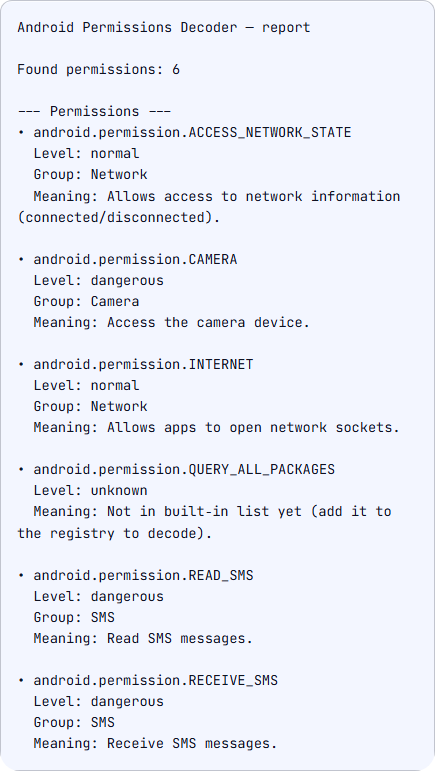 Permissions Decoder report. READ_SMS and RECEIVE_SMS are dangerous. QUERY_ALL_PACKAGES is level unknown. INTERNET and ACCESS_NETWORK_STATE are normal. CAMERA is dangerous.